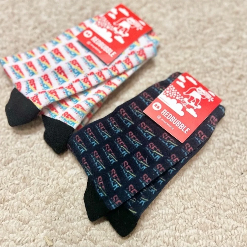 3/$19 NWT Bundle of 2 pair Yes Theory Seek Discomfort all over logo crew socks